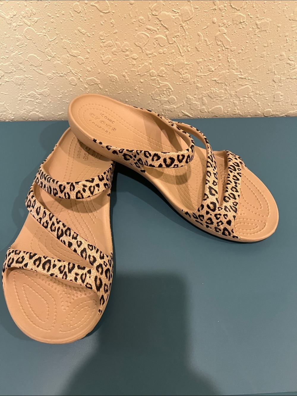 CROCS Women's Beige Sandals with Leopard-Print Straps